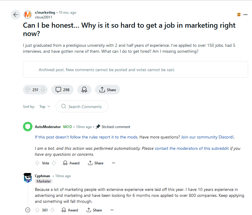 Finding Marketing JOb is hard now